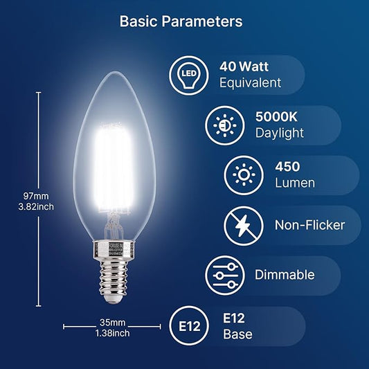 FLSNT 24 Pack Dimmable LED Candelabra Bulbs, 40W Equivalent LED Chandelier Light Bulbs, E12 Base, 5000K Daylight