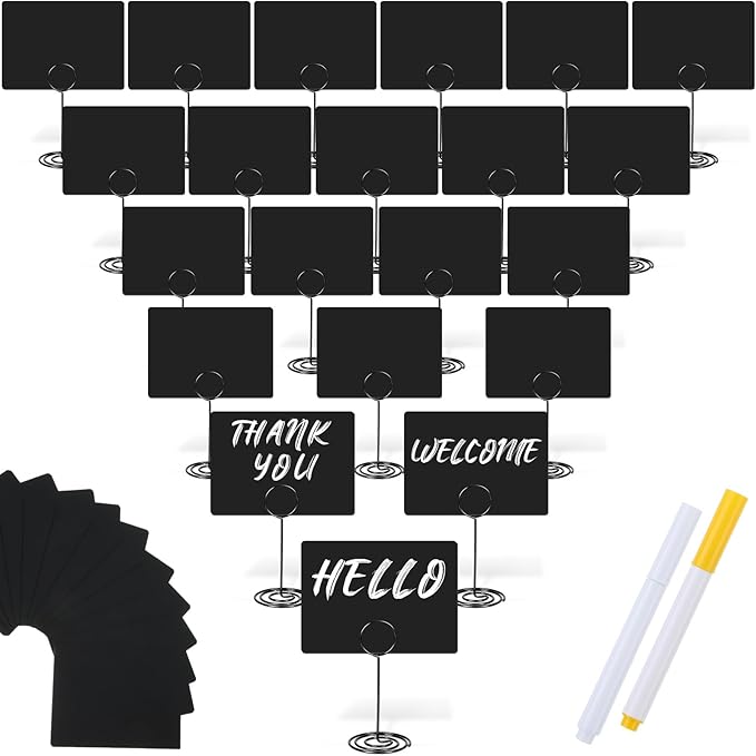 TecUnite 24 Pack Mini Chalkboard Signs, 4"x3" Small Table Place Cards with Metal Stand and 2 Marker Pens Food Labels for Party Buffet, Tabletop Blackboard Signs Name Tags for Wedding Bakery(Black)