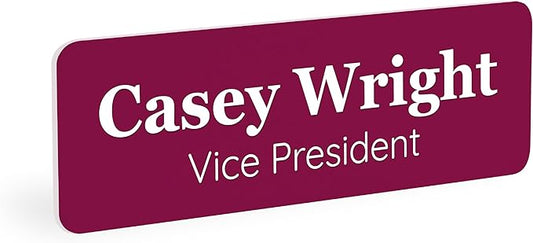 ExcelMark Custom Name Tag - Engraved Name Badge with Pin or Magnetic Backing, 16 Colors, 6 Fonts, and 2 Sizes to Choose from (Burgundy w/White Letters, 1"x 3")