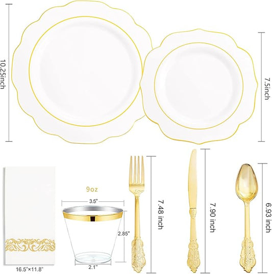 NOCCUR 175PCS Gold Plastic Plates with Disposable Silverware - White Gold Plastic Tableware Include 25 Dinner /25 Dessert Plates, 75 Cutlery, 25 Cups, 25 Napkins - Ideal for Fall Party&Thanksgiving