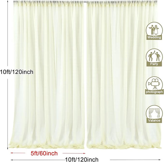 PARTISKY 10ftx10ft Ivory Chiffon Sheer Backdrop Curtains, Wrinkle-Free Wedding Backdrop Drapes for Birthday Party Ceremony Arch Stage Decor Background for Photography 5ft x 10ft,2 Panels