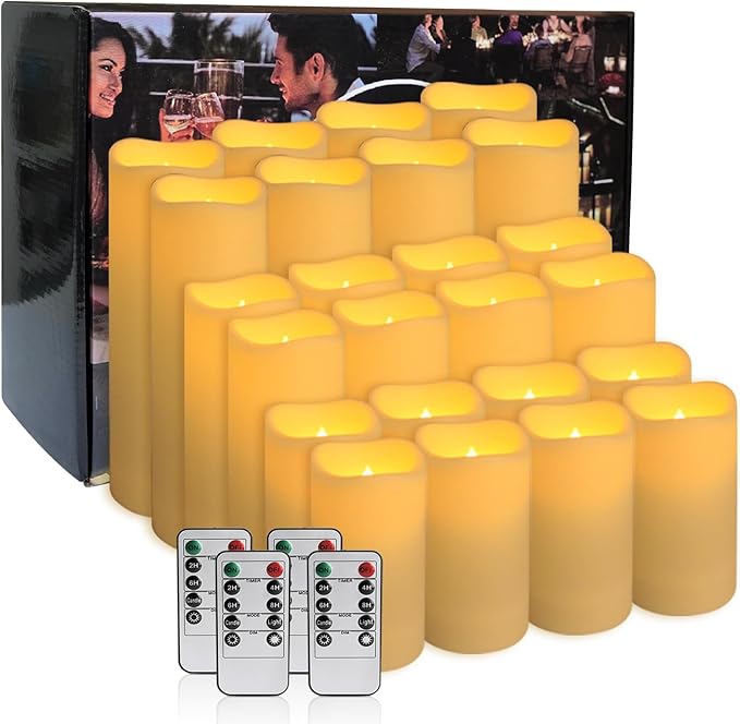 Set of 24 Waterproof Outdoor Flameless Candles,Realistic LED Candles with 4 Remote and Timer,(H 4" 5" 6" x D 2.2"),for Halloween Wedding Festival Decor.