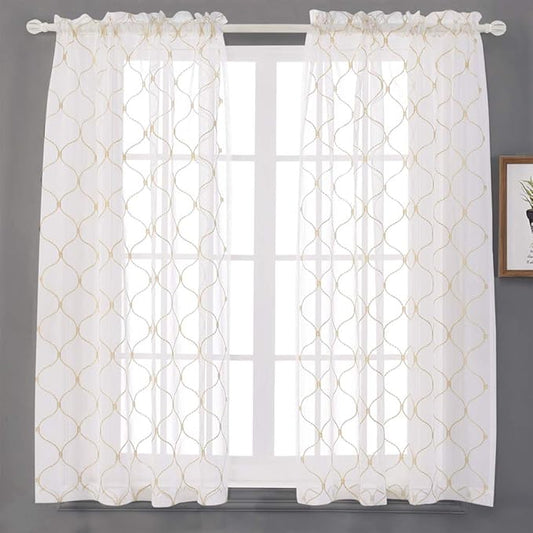 Embroidered Wave Diamond Sheer Curtains Gold 63 Inch Length, Rod Pocket Voile Drapes for Living room, Bedroom, Window Treatments Semi Curtain Panels for Yard, Patio, Villa, Parlor, Set of 2, 52"x 63".