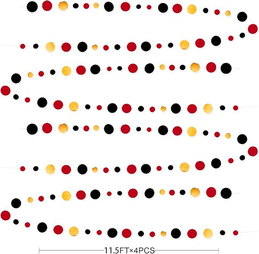 Gold Black Red Party Decorations Circle Dots Streamer Hanging Paper Polka Dots Garland for Graduation Birthday Wedding Anniversary Baby Shower Holiday Pirate Poker Casino Las Vegas Party Supplies
