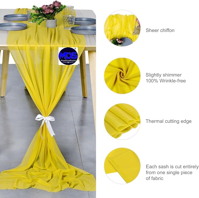MDS Halloween Chiffon Table Runner - 10 Pack, 29 x 170 Inches, 14ft Each - Sheer Spooky Table Runners for Haunted House Parties, Trick-or-Treat Tables, Witchy Décor, Wedding & Events - Yellow