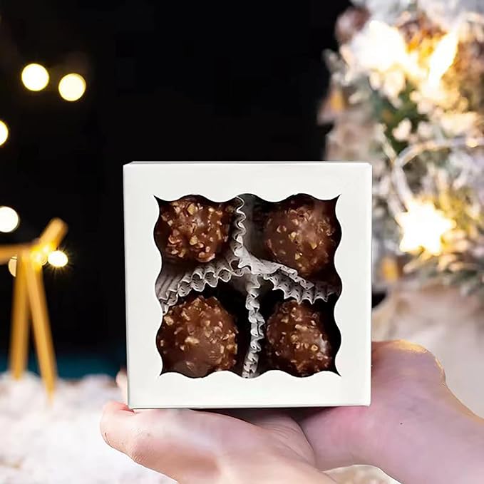 RomanticBaking 3 ¼" x 3 ¼" x 1 ½" 50PCS Chocolate Truffle Boxes for 4，Cookies Boxes Mini Bakery Boxes with Window for Brownie,Soap,Donut