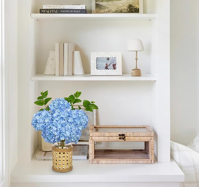 Hollyone Blue Hydrangea Artificial Flowers in Woven Glass Vase with Faux Water Silk Hydrangeas Fake Flowers Floral Arrangement for Home Indoor Bathroom Kitchen Office Table Centerpiece Shelf Decor