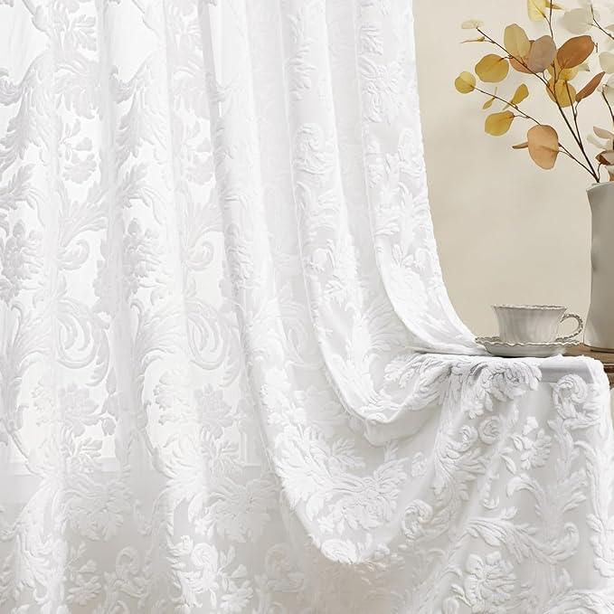 Sheer Curtains 84 Inch Length for Living Room & Bedroom Rod Pocket Boho Farmhouse Drapes with Scroll Floral Patterned 3D Flocked Texture & Rococo Motifs White Sheer Curtain Set of 2 Panels 52"W*84"L