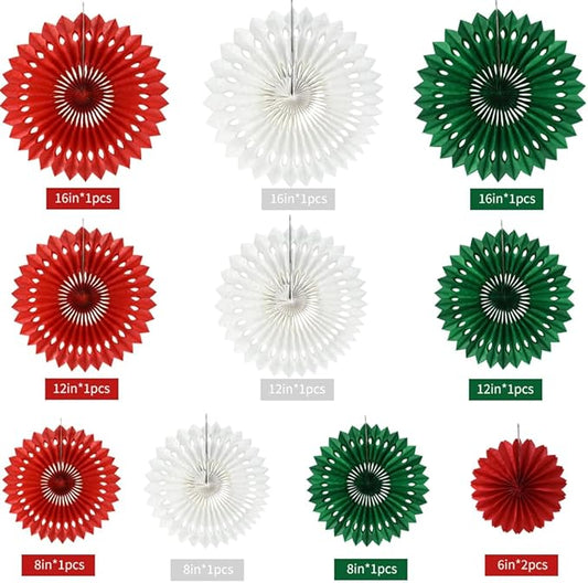 BEISHIDA Red Green White Hanging Tissue Honeycomb Round Paper Fans Decor Kit for Christmas Birthday Girl Kid Shower Bachelorette Wedding Backdrops Anniversary Party Supplies（11 Packs）