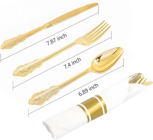 400PCS Pre Rolled Gold Plastic Silverware Sets - Heavy Duty Fancy Gold Cutlery - Include 100 Pack Wrapped Disposable Utensils with Napkins for Parties, Dinners & Weddings
