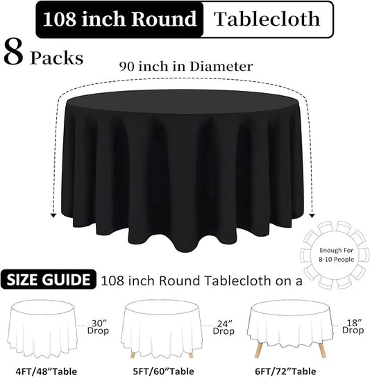 8 Pack Black Round Tablecloth 108 Inch Black Table Cloth Stain and Wrinkle Resistant Round Tablecloths Reusable and Washable Polyester Fabric Table Covers for Buffet Wedding Party and Banquet