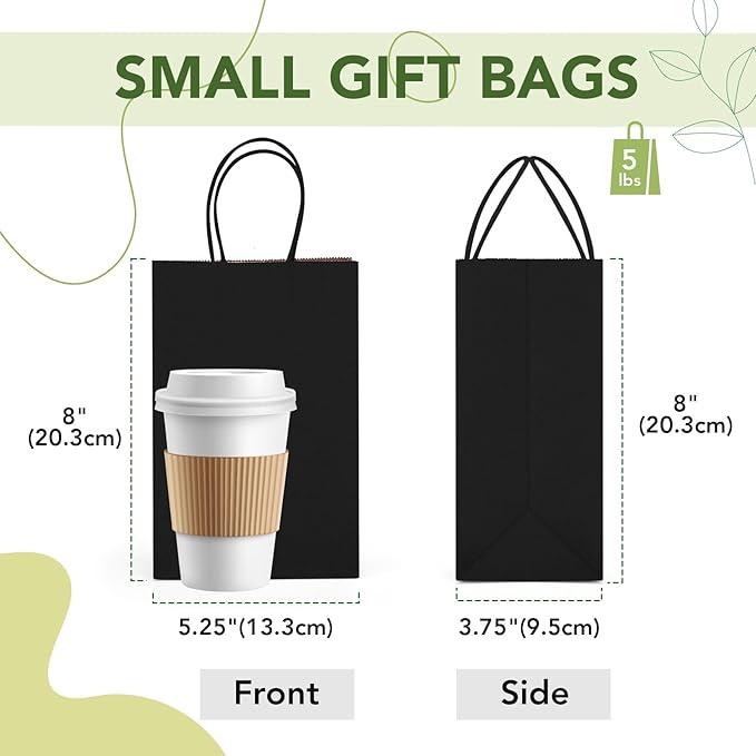 MESHA Kraft Gift Bags 200 Pack 5.25x3.75x8 Inch Small Black Paper Bags with Handles Bulk for Small Business,Birthday,Party,Wedding,Retial,Shopping Bag