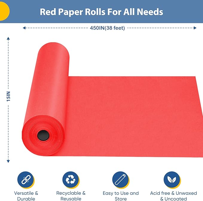 Red Wrapping Paper, 15"x450" Construction Bulletin Board Art Craft Poster Decorative Paper Roll, Mother's Day Valentines Birthday Bouquet Flower Gift Wrap, Wedding Floral Supplies for Women Men Kids