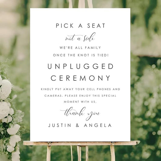 Wedding Yard Sign – Pick a Seat Not a Side + Unplugged Ceremony – Modern Minimalist Outdoor Welcome Board