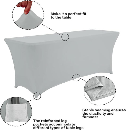 IVAPUPU 2 Pack 8FT Table Cloth for Rectangular Fitted Events Stretch Grey Table Covers Washable Cover Spandex Tablecloth Protector for Party, Wedding, Cocktail, Banquet, Festival