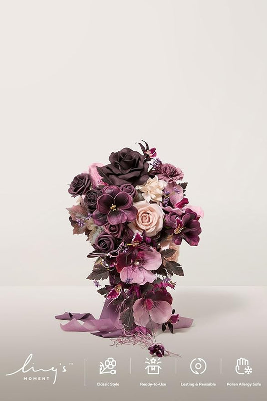 Ling's moment Purple Bridal Bouquet Cascading, Plum Wedding Bouquets for Bride, 13 Inch Bride Bouquets for Wedding Artificial Flowers Bouquets