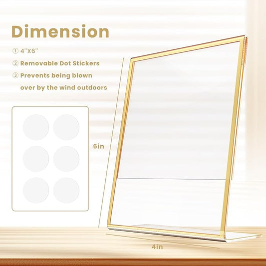 Acrylic Gold Frames 4 x 6, Slanted Back Gold Picture Frames Table Acrylic Sign Holder for Photos Wedding Table Numbers and Art Display with Removable Clear Sticky Dots,6 Pack