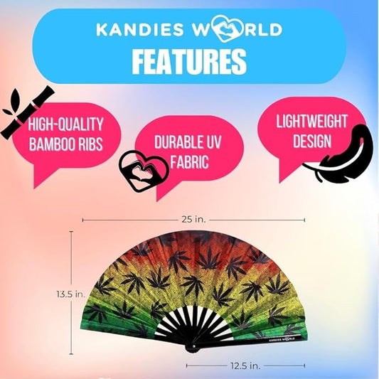 Kandies World UV Reactive Custom Festival Folding Hand Fan - Unique Designs, Made of Bamboo, Clacking Sound, Lightweight - Perfect Rave and Festival Accessory!