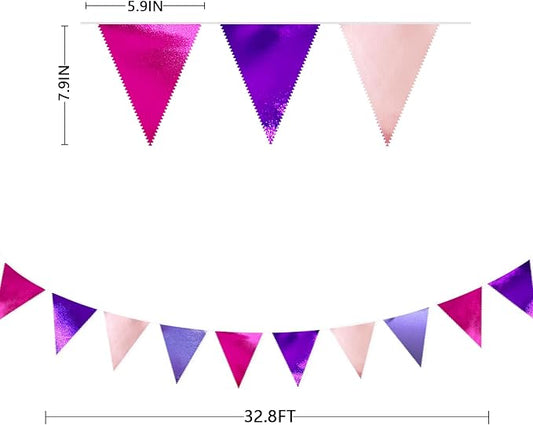 Pink and Purple Party Decorations Metallic Hot Pink Lavender Fabric Triangle Pennant Banner Flag Bunting Garland for Girls Women Birthday Wedding Baby Shower Bachelorette Engagement Party Supplies