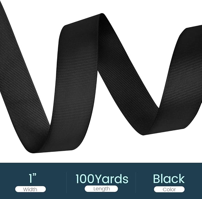 1" X 100 Yards Black Grosgrain Ribbon, Premium Grosgrain Ribbon for Sewing, Gift Wrapping, Bow Making, Wedding Decor, Wrapping and More (Black)