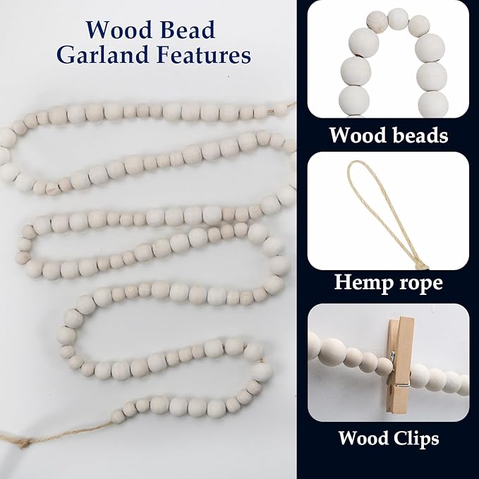 Hanging Photo Display Wall Decor with 45 Wood Clips, 67 Inches Boho Wooden Bead Garland Collage Picture Frame Photos String DIY, Photo Hanger for Bedroom Office Dorm Room Decor Gifts(3PCS)
