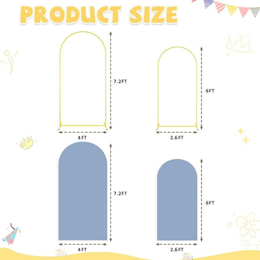 Arch Backdrop Stand and Cover Set 6FT 7.2FT Dusty Blue Arch Backdrop Covers Set of 2 Gold Metal Arch Frame Spandex Arched Covers for Birthday Party Banquet Wedding Ceremony Decor