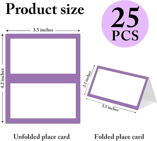 25 Pack Purple Border Place Cards, Editable Name Cards for Table Setting, Tent Cards Food Label for Dinner Party, Bridal Shower, Wedding, Baby Shower and Events -T24