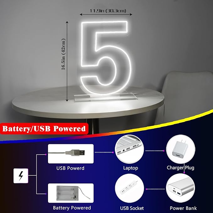 Number 5 Neon Sign for Birthday, 16.54" Cool White USB Battery Powered Led Neon Sign for Party Wedding Anniversary Decor Light Sign (Number 5)