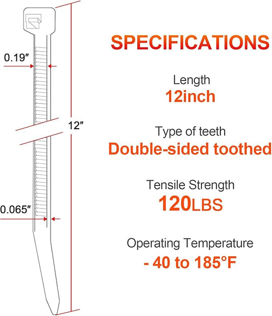 12 Inch White Zip Ties Double Sided Toothed,120 LBS Tensile Strength Heavy Duty Cable Wire Ties With Self-Locking Adjustable More Durable Nylon Tie Wraps for Indoor Outdoor（100 Pack）