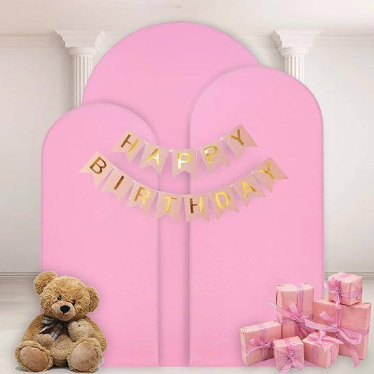 WEERRW Wedding Arch Cover Pink Spandex Fitted Set of 3 Balloon Arch Stand Covers Round Top Chiara Stretchy Backdrop for Birthday Party Baby Shower Banquet Decoration (6FT, 6.6FT, 7.2FT)
