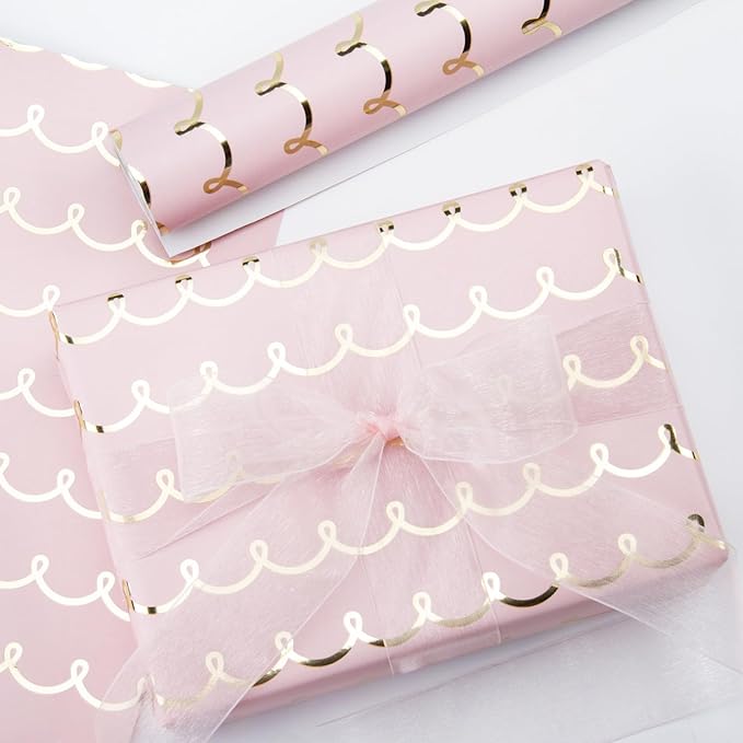WRAPAHOLIC Pink Wrapping Paper Roll - Mini Roll - 17 Inch x 33 Feet - Metallic Foil Chic Classic Pink and Gold Wedding Wrapping Paper for Birthday, Wedding, Baby Shower, Valentine's Day