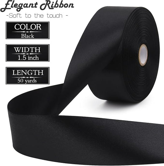 Black Solid Satin Ribbon 1-1/2 Inch 50 Yards Solid Polyester Fabric Ribbon for Gift Wrapping Wedding Christmas Baby Shower Birthday Party Decoration Handmade Immortal Flower Craft