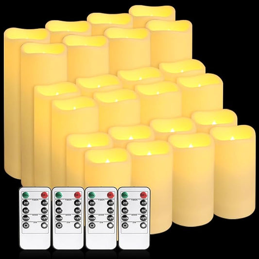 Set of 24 Waterproof Outdoor Flameless Candles,Realistic LED Candles with 4 Remote and Timer,(H 4" 5" 6" x D 2.2"),for Halloween Wedding Festival Decor.