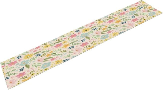 Floral Table Runner, Boho Style Watercolor Flower Green Leaf Plant Rectangle Table Decoration for Dining, Party, Holiday,13in（33cm） W * 120in（305cm） L