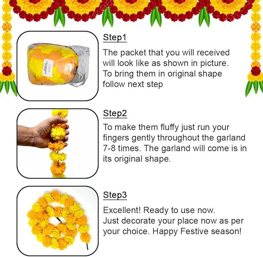 Marigold Garland for Diwali Decorations Pack of 5 - Marigold Artificial Flowers, Indian Marigold Flower Garland for Diwali Decorations (Light Orange Light Yellow | 4 to 4.5 ft) Hashcart®
