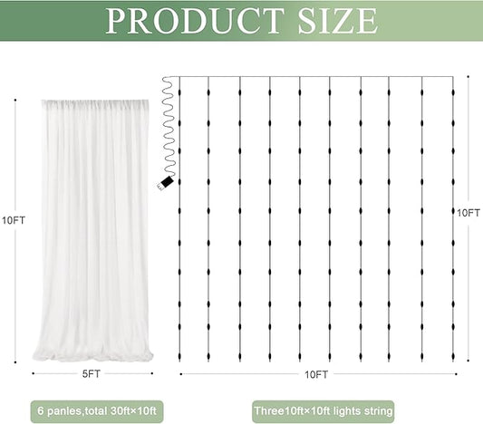 Tulle Backdrop Curtain with Lights String 30 X 10FT Ivory Sheer Tulle Backdrop Curtains for Wedding Birthday Party Reception Photo Booth Background Decorations (6 Panels 5x10FT)