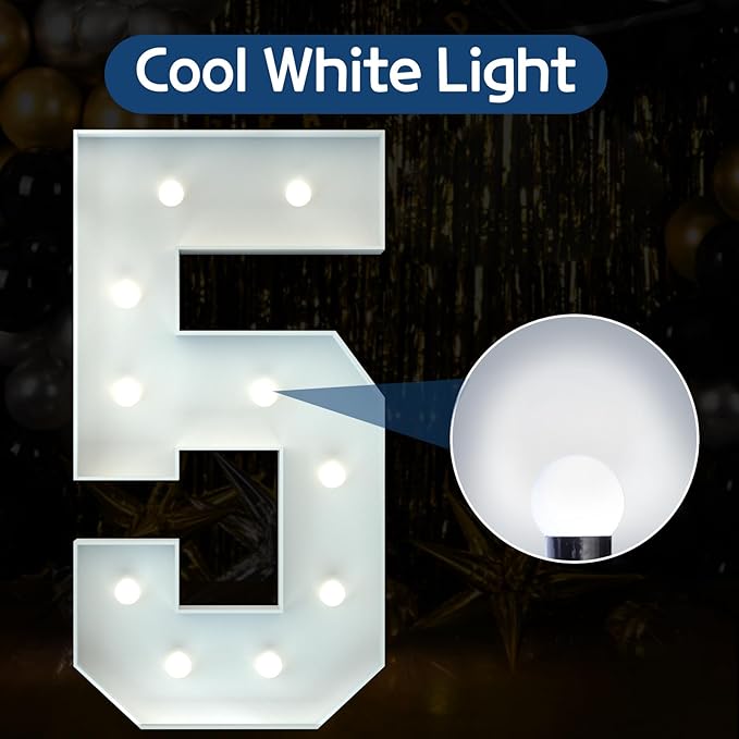 Marquee Numbers 4 Feet Tall Big Light Up Numbers 5th 25th 50th Birthday Decorations Girl Boy Graduation Decorations 2025 White Anniversary Party Decor Large Cardboard Prop Backdrop Sign 5