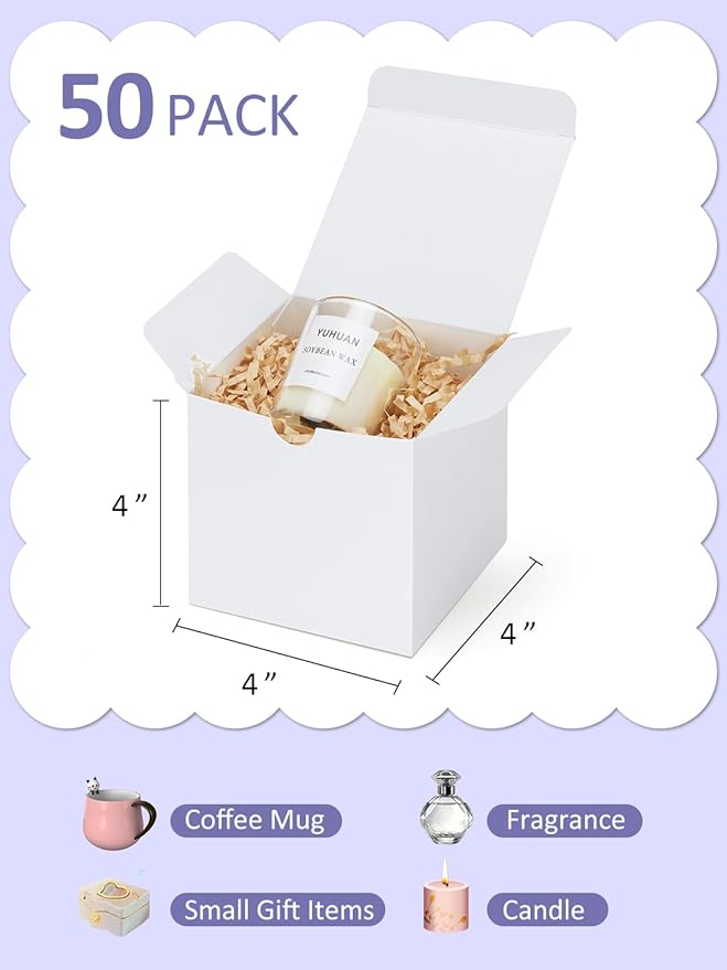 Eupako Gift Boxes 4x4x4 50 Pack White Kraft Paper Box with Lids Party Favor Boxes for Bridesmaids Proposal, Crafting, Cupcake, Wedding, Christmas