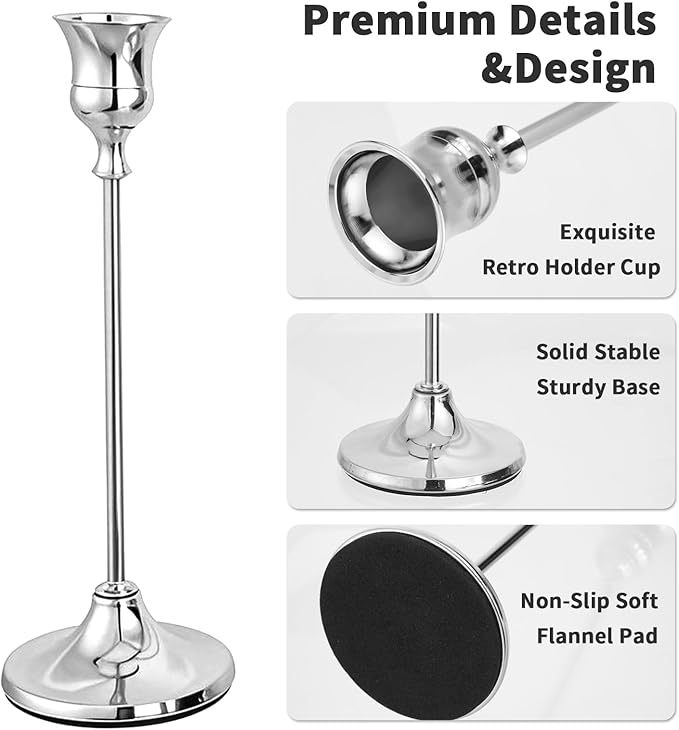 CHILL RECIPE Silver Taper Candle Stick Holders Tall Candle Holder, Vintage Candlesticks Holder Bulk for Home Decor Table Centerpiece Dining Party Festival Decorations (2 Set 6Pcs)