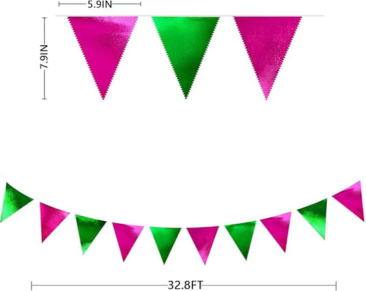Pink and Green Party Decorations Metallic Hot Pink Light Green Fabric Triangle Pennant Banner Flag Bunting Garland for Witches Theme Birthday Wedding Baby Shower Engagement Bachelorette Party Supplies