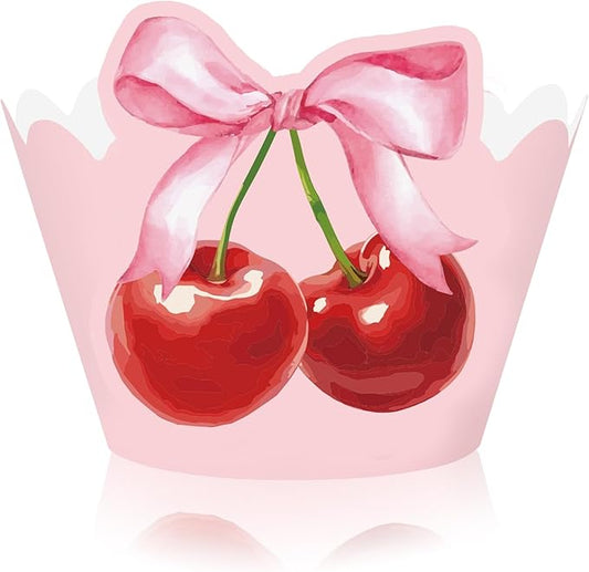 36Pcs Pink Bow Cherry Cupcake Wrappers Pink Red Bowknot Cherry Cupcake Liners Sweet Decorative Dessert Holders for Birthday Baby Shower