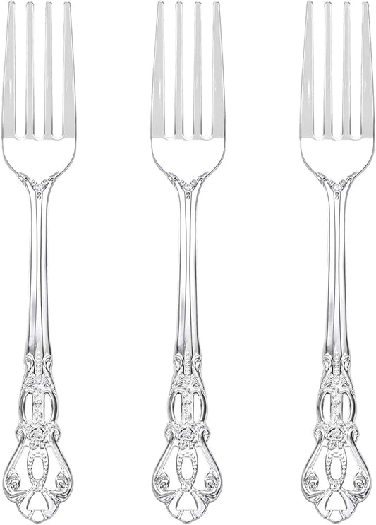 75PCS Silver Plastic Forks - 8.1inch Silver Forks Disposable - Vintage Heavy Duty Dessert Forks - Premium Fancy Plastic Silverware for Parties, Weddings, Dinners and Events