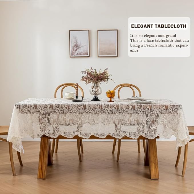 Lace Embroidered Tablecloth. Rectangle Lace Vintage Tablecloth Dustproof Table Protector for Kitchen Dining Room Party Banquet Home Picnic Wedding Decoration (Creamy White 90.5×53 inch)