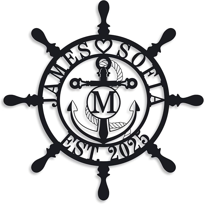 Personalized Ship Wheel Metal Sign, Customized Nautical Wall Decor, Anchor Compass Metal Sign, Family Name Sign, Monogram Wall Decor, Last Name Signs for Home, Housewarming Gift