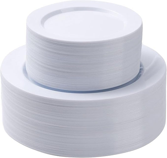 100PCS White Plastic Plates Set, 50 10.25 inch Dinner Plate and 50 7.5 inch Dessert Plates, Premium Disposable Plates for Party, Wedding