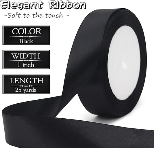 Black Solid Satin Ribbon 1 Inch 25 Yards Solid Polyester Fabric Ribbon for Gift Wrapping Wedding Christmas Baby Shower Birthday Party Decoration Handmade Immortal Flower Craft