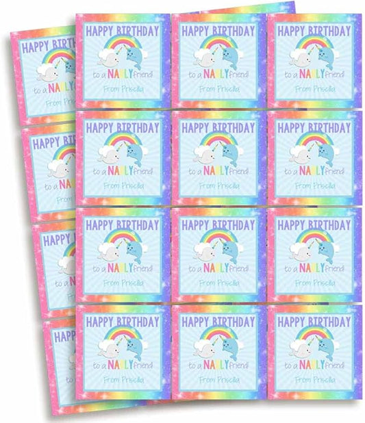 Custom & Personalized Narwhal Unicorn of The Sea Happy Birthday Gift Tag Sticker Labels, 24 2.5" Square Stickers by Amanda Creation