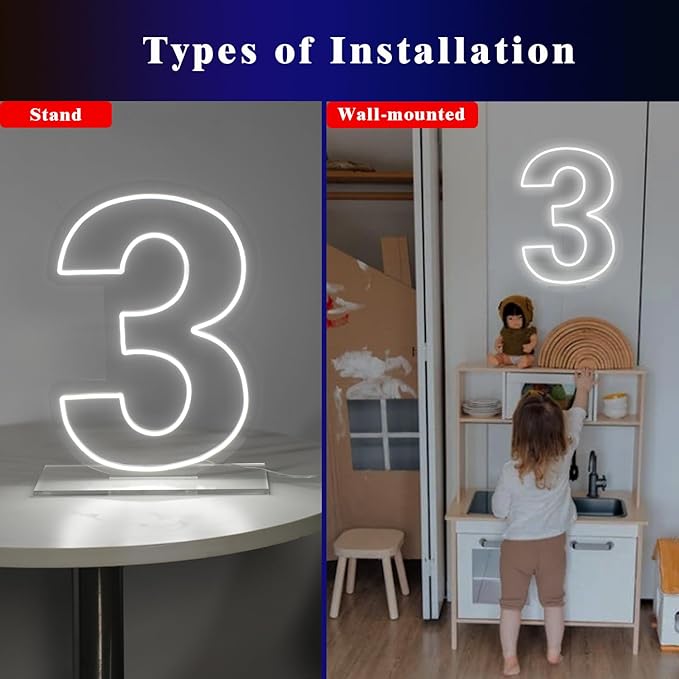 Number 3 Neon Sign for Birthday, 16.54" Cool White USB Battery Powered Led Neon Sign for Party Wedding Anniversary Decor Light Sign (Number 3)