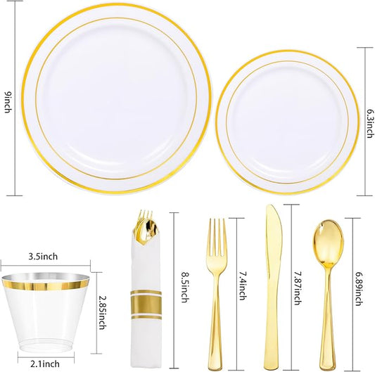 350Piece Gold Dinnerware Set for 50 Guests - Gold Plastic Plates with Disposable Cutlery Include:50Dinner Plates-50Dessert Plates-50Pre Rolled Napkins with Silverware for Thanksgiving