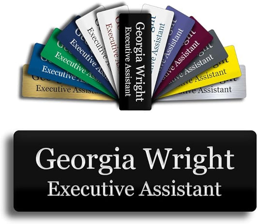 Custom Engraved Name Tag 1" x 3" Personalized Badge Magnetic or Pin Backing Made in The USA by Gem Awards (Black)